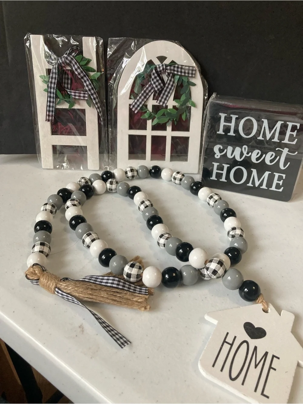 Farmhouse Black & White HOME Bead Garland with Tassel - Shelf Decor Cottagecore